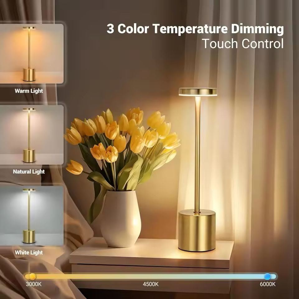 Premium Cordless LED Table Lamp | Gold Metal | 3 Color Modes - Warm, Neutral, White | Touch Dimmable | Rechargeable | Bedroom + Restaurant Lamp